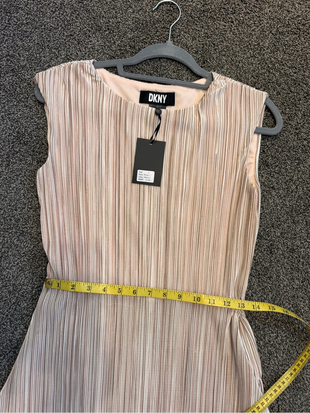 DKNY NWT Beige Taupe Pleated Midi Dress Removable Waist Tie 2 Small flaws Size 4 - Picture 15 of 16